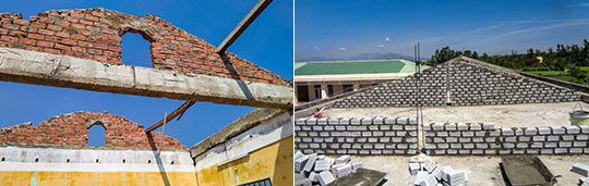 Before and after pics of damaged school roof, Binh Thanh Vie